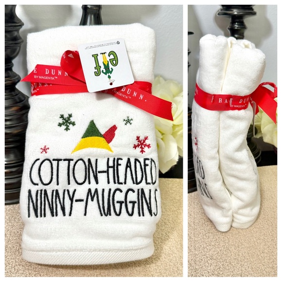 NWT Rae Dunn Set of 2 ELF COTTON-HEADED NINNY-MUGGINS Bathroom Hand Towels - Picture 1 of 6